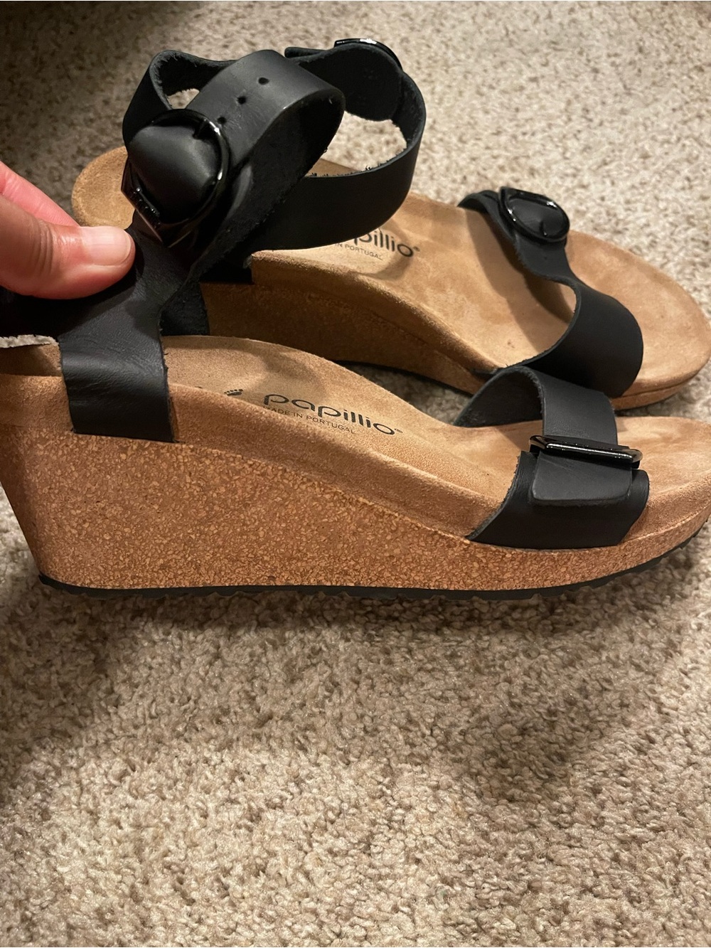 Papillio Black Leather Cork Wedge Sandals